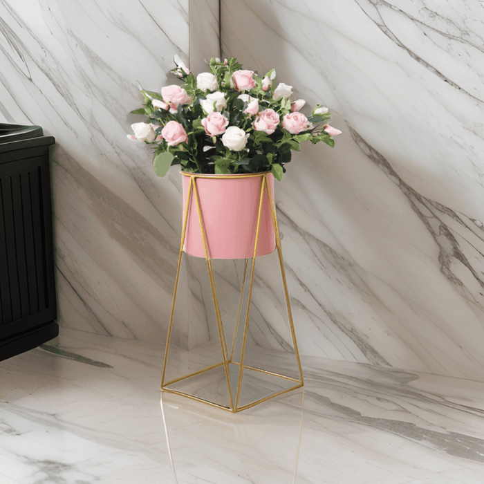 Porta Macetero Pedestal Maceta Plantas Rosado Dorado - Fliperex