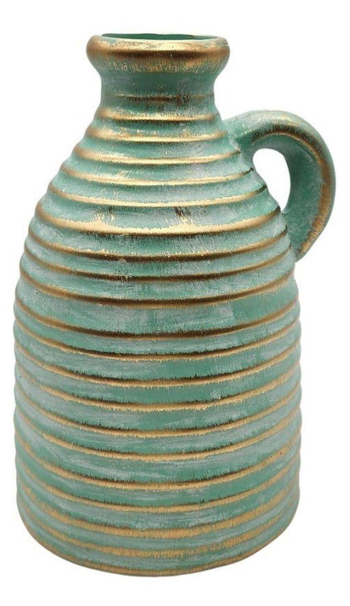 Florero Jarrón De Cerámica Diseño Verde Antigüedad Con Asa - Fliperex