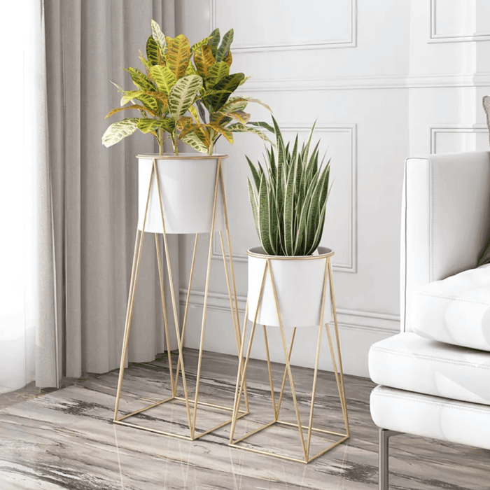 Porta Macetero Pedestal Maceta Plantas Blanco Dorado Mediano - Fliperex