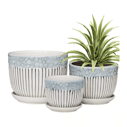 Set 3 Maceteros Maceta De Cerámica Blancos Flores Y Líneas - Fliperex