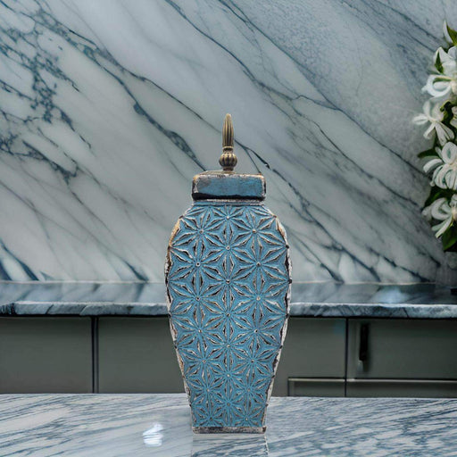 Florero Jarron De Cerámica Azul Envejecido Antiguo Alargado - Fliperex