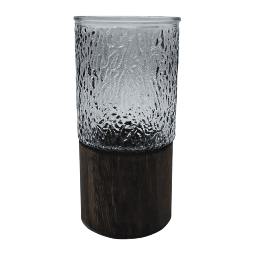 Florero Decorativo De Vidrio Oscuro Diseño Base de Madera - Fliperex