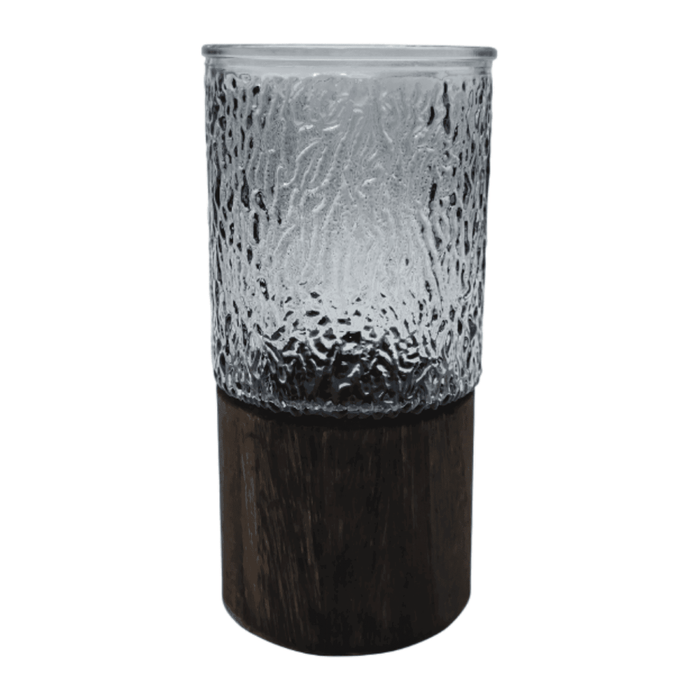 Florero Decorativo De Vidrio Oscuro Diseño Base de Madera - Fliperex