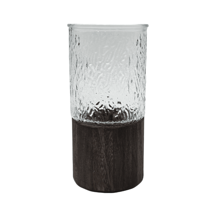 Florero Decorativo De Vidrio Cristal Con Diseño Base Madera - Fliperex