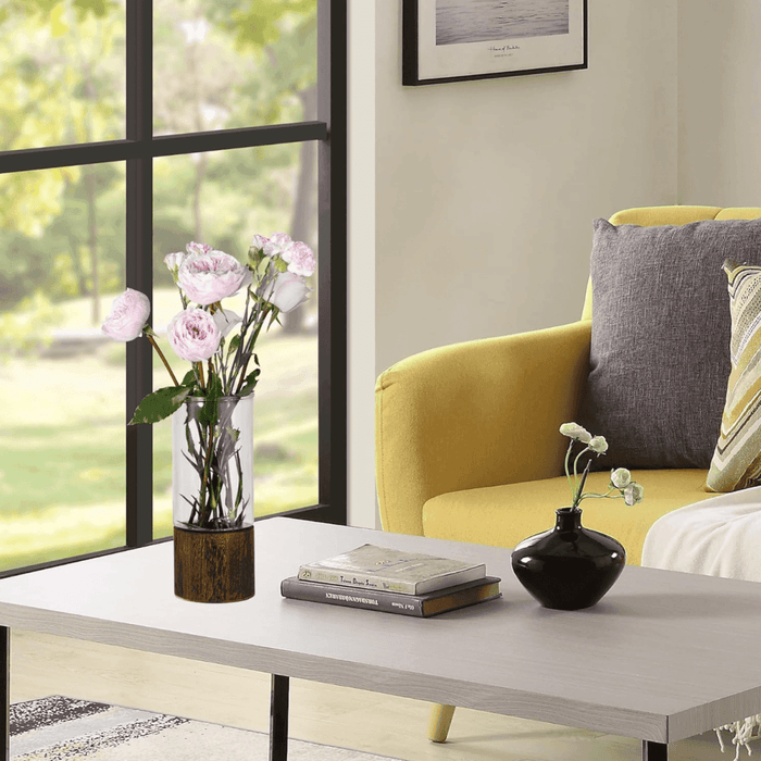 Florero Decorativo De Vidrio Cristal Liso Base de Madera - Fliperex