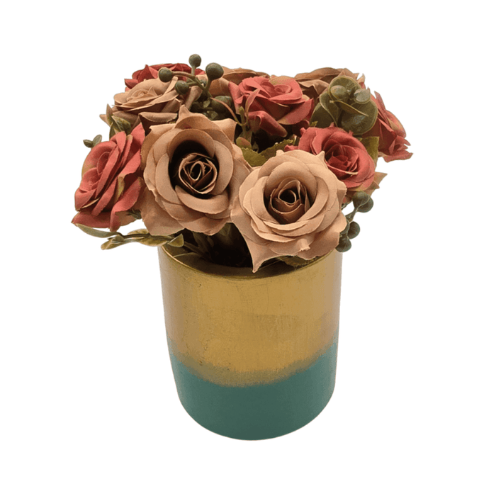 Planta Artificial Macetero Dorado Con Rosas Decorativas - Fliperex