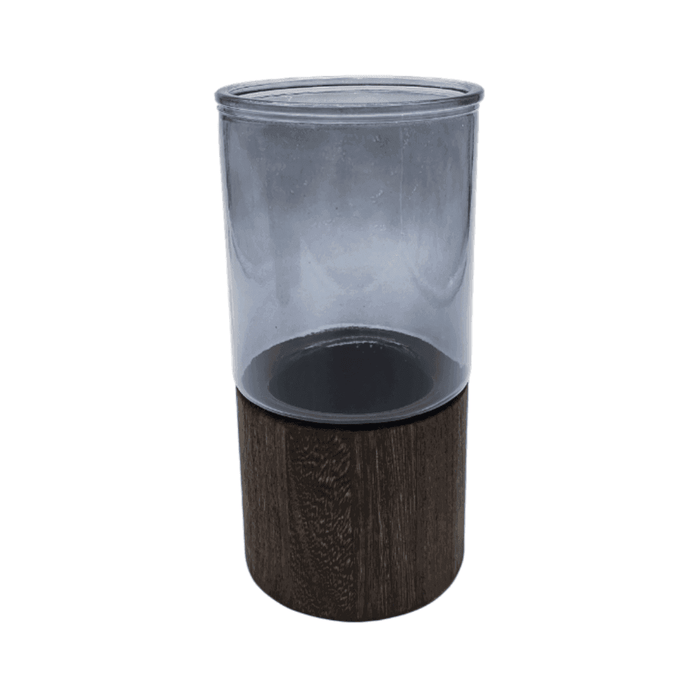 Florero Decorativo De Vidrio Liso Tonos Gris Con Base Madera - Fliperex