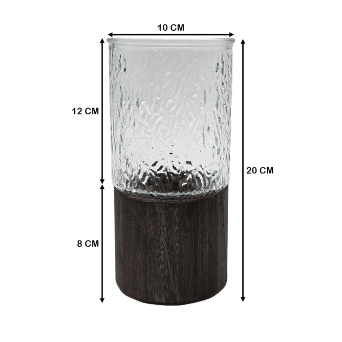 Florero Decorativo De Vidrio Cristal Con Diseño Base Madera - Fliperex
