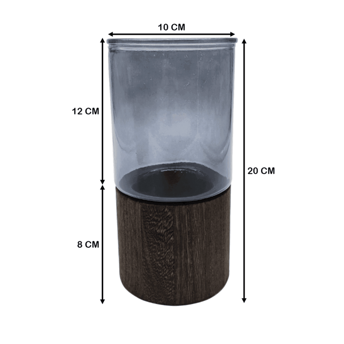 Florero Decorativo De Vidrio Liso Tonos Gris Con Base Madera - Fliperex