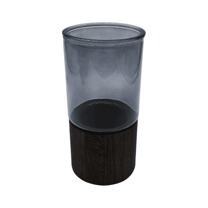 Florero Decorativo De Vidrio Liso Tonos Gris Con Base Madera - Fliperex