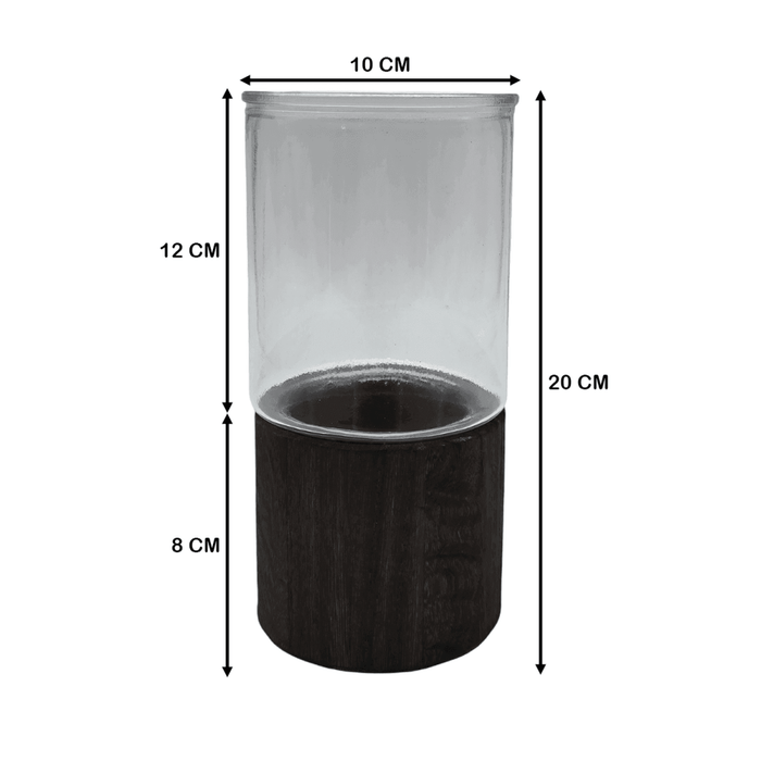 Florero Decorativo De Vidrio Cristal Liso Base de Madera - Fliperex
