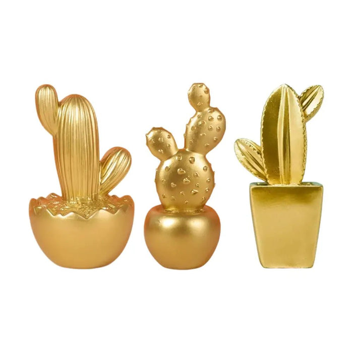 Set 3 Adornos Cactus De Resina Dorado Decoracion Mesa Office - Fliperex