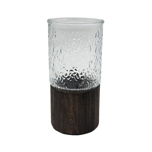 Florero Decorativo De Vidrio Cristal Con Diseño Base Madera - Fliperex