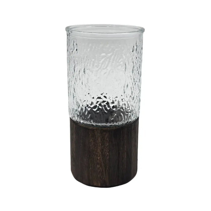 Florero Decorativo De Vidrio Cristal Con Diseño Base Madera - Fliperex