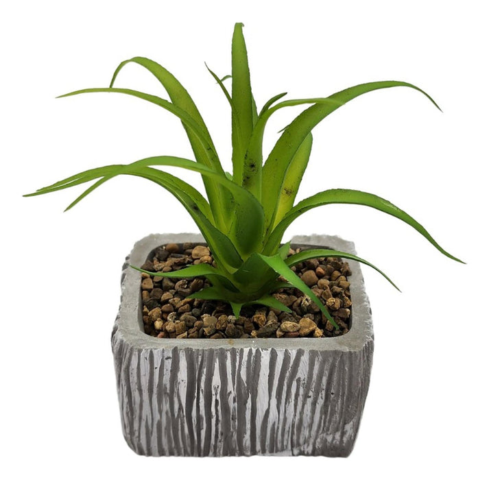 Planta Artificial Macetero Cerámica Vintage Cubo Gris Líneas