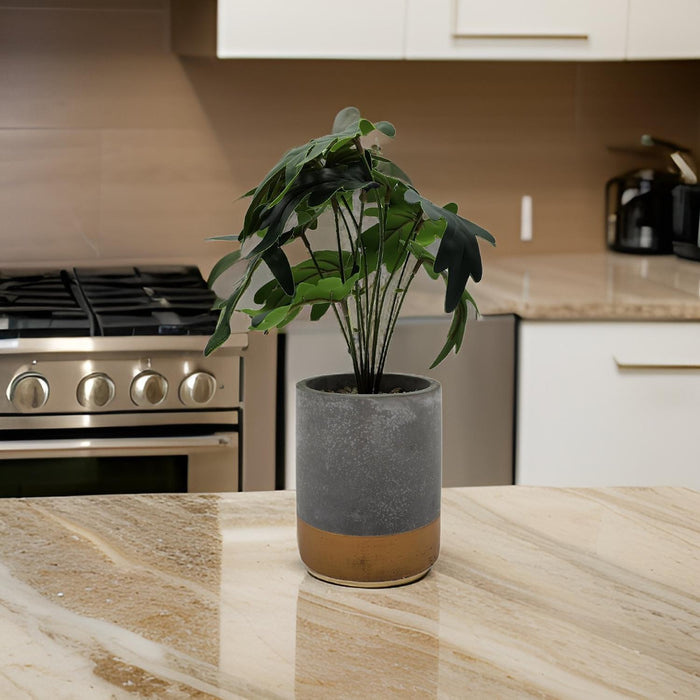 Planta Artificial Tropical Macetero Ceramica Gris Con Dorado