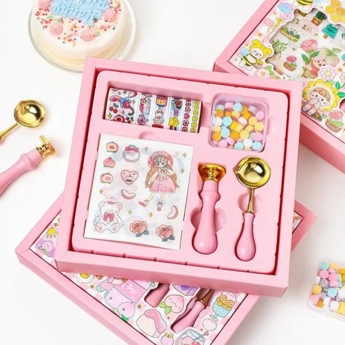 Kit De Sellos Cera Lacre Washitape y Stickers Diseño Kawaii