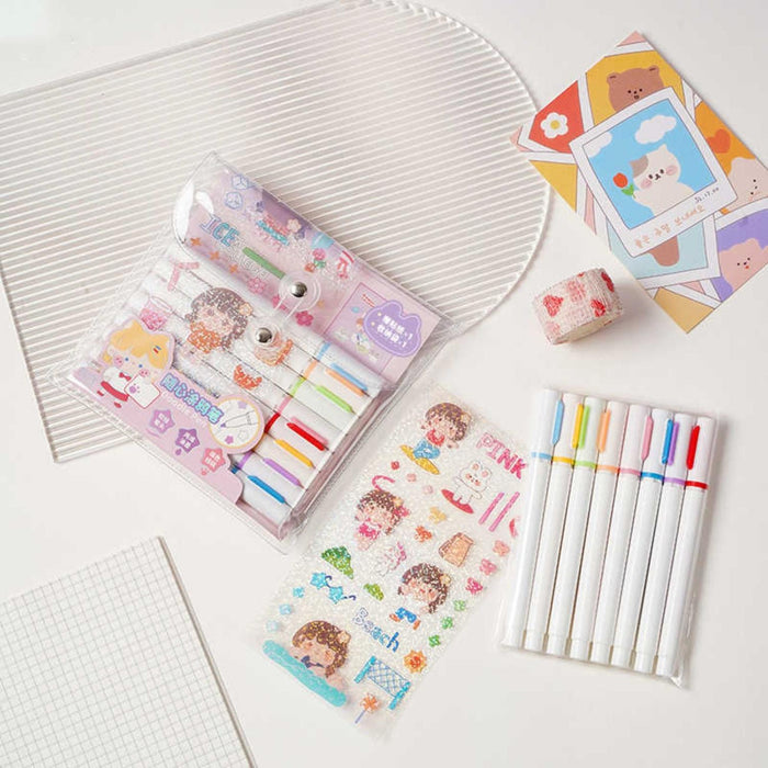 Set 8 Marcadores Acrilicos Punta Pincel + Stickers Y Estuche