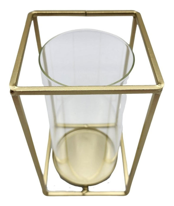 Candelabro Porta Vela Cubo Metálico Dorado Con Vidrio