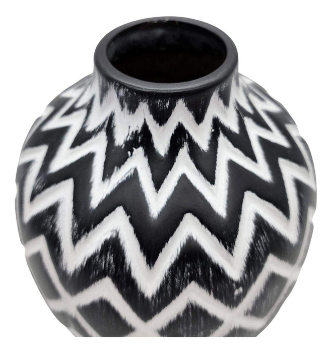 Florero Cerámica Diseño Étnico Zigzag Vintage Blanco Y Negro - Fliperex