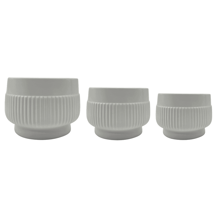Set 3 Maceteros Maceta De Ceramica Lineas Relieve Blanco - Fliperex