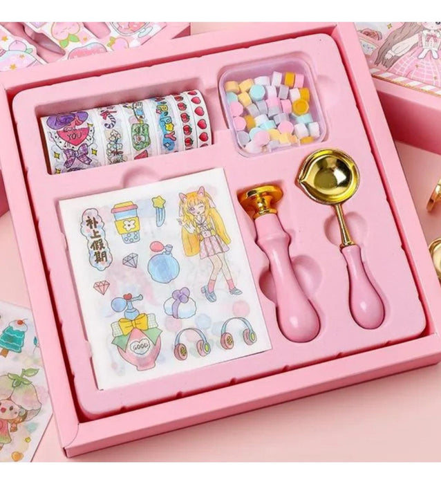 Kit De Sellos Cera Lacre Washitape y Stickers Diseño Kawaii