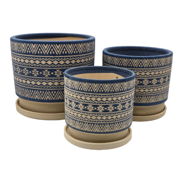 Set 3 Maceteros Maceta De Ceramica Azul Con Patrones Beige