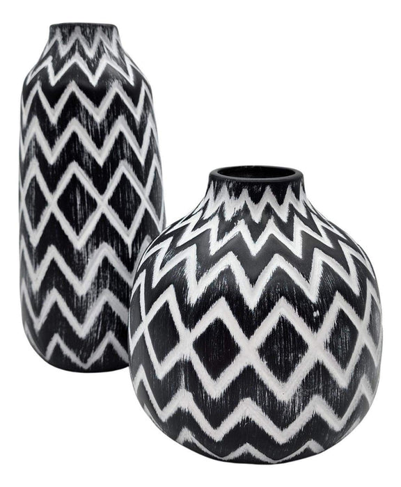 Florero Cerámica Diseño Étnico Zigzag Vintage Blanco Y Negro - Fliperex