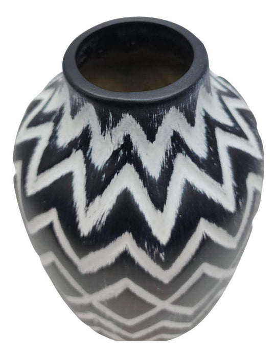 Florero Ceramica Diseño Etnico Vintage Blanco Negro Mediano - Fliperex