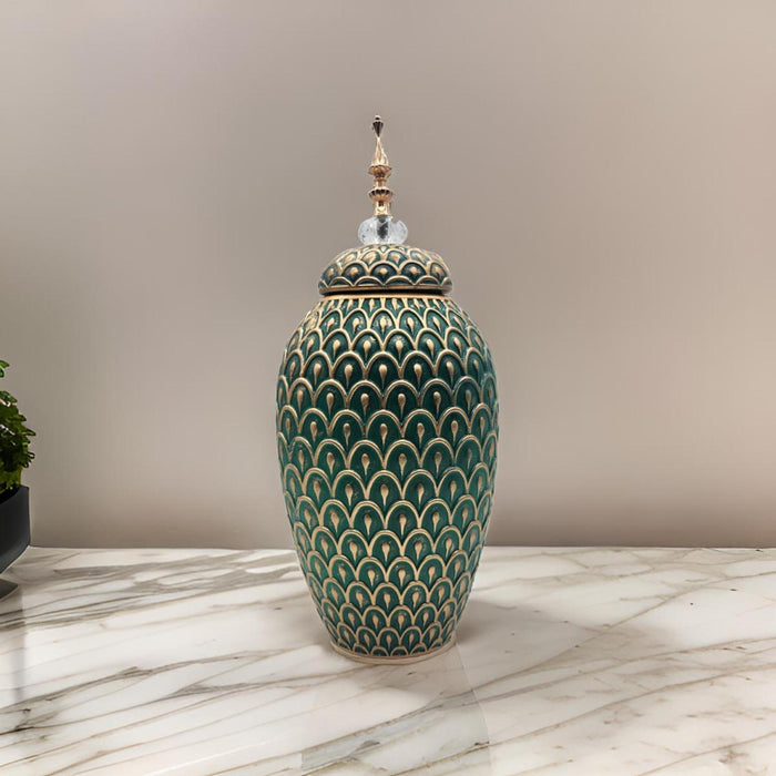 Florero Jarron Ceramica Verde Dorado Diseño Arabe Alargado