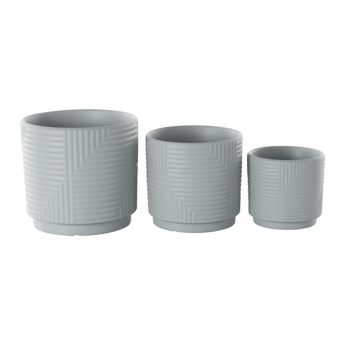 Set 3 Maceteros Maceta De Ceramica Gris Con Lineas Cuadradas