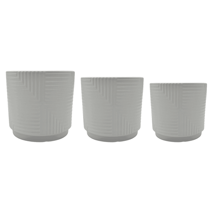 Set 3 Maceteros Maceta De Ceramica Blanco Con Linea Cuadrada - Fliperex
