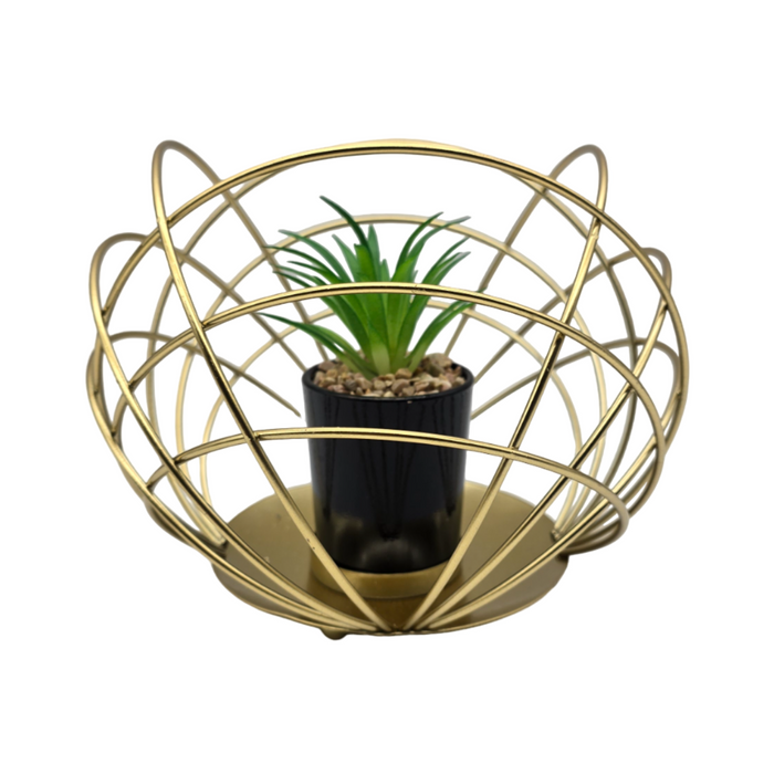 Figura Decorativa Candelabro Esfera Dorada Con Mini Planta