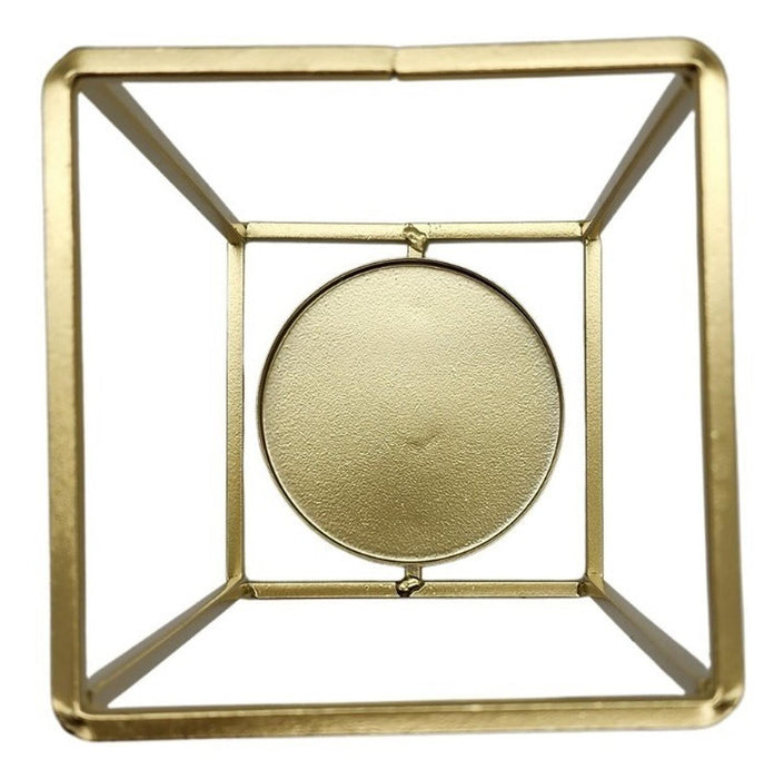 Candelabro Porta Vela Cubo Metálico Dorado Con Vidrio