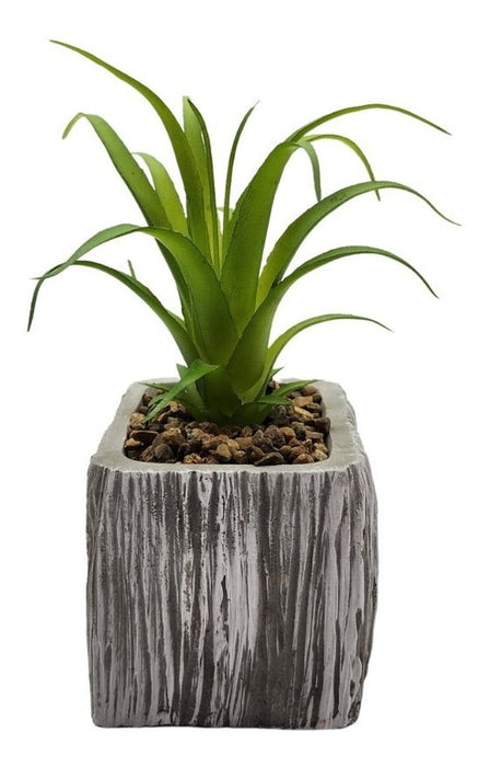 Planta Artificial Macetero Cerámica Vintage Cubo Gris Líneas