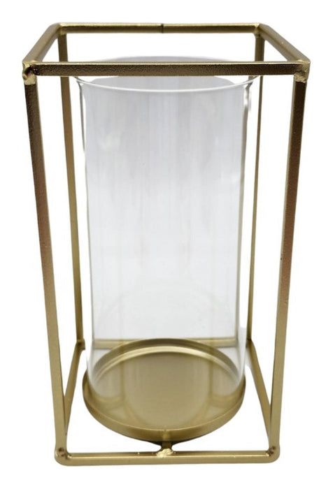 Candelabro Porta Vela Cubo Metálico Dorado Con Vidrio