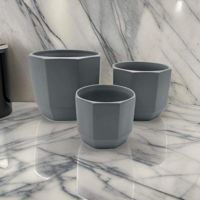 Set 3 Maceteros Maceta De Ceramica Gris Lineas Verticales - Fliperex