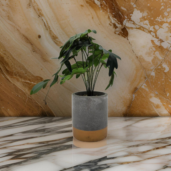 Planta Artificial Tropical Macetero Ceramica Gris Con Dorado