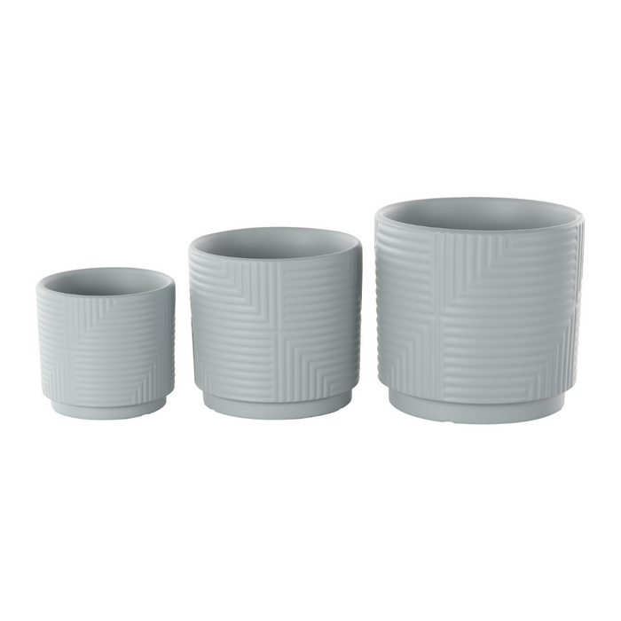 Set 3 Maceteros Maceta De Ceramica Gris Con Lineas Cuadradas