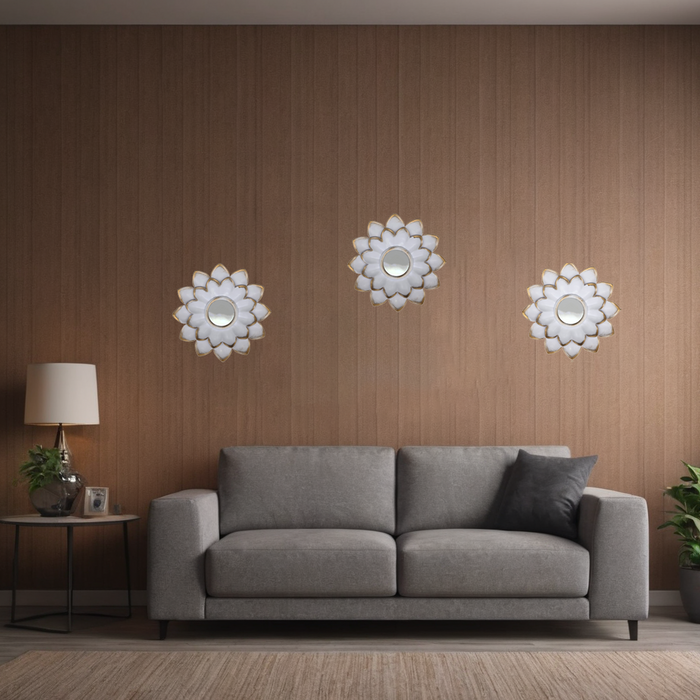 Set 3 Marcos De Espejos Flor De Loto Decorativo Blanco Deco