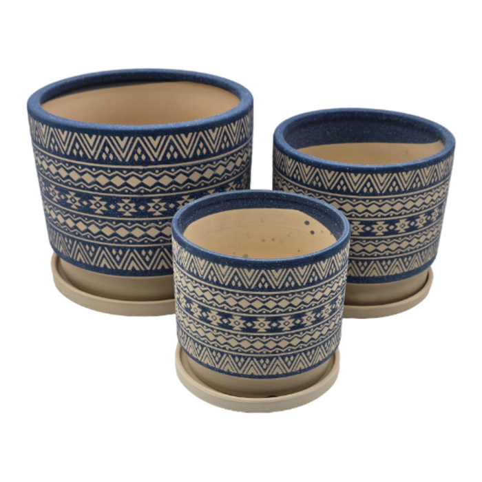 Set 3 Maceteros Maceta De Ceramica Azul Con Patrones Beige