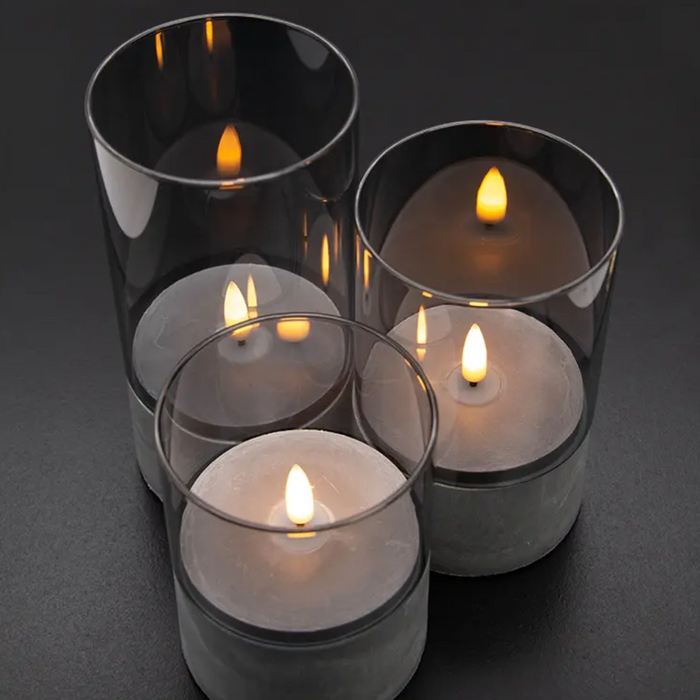 Set 3 Velas Artificiales De Cristal Con Efecto Llama Blanca