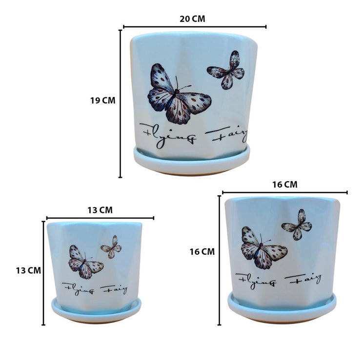 Set 3 Maceteros Maceta De Cerámica Blanco Diseño Mariposas