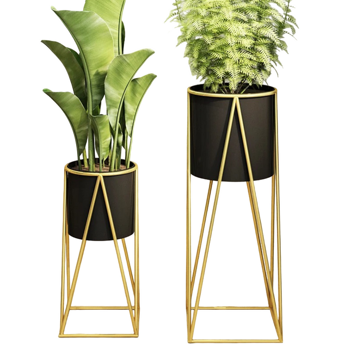 Set 2 Porta Maceteros Pedestal Maceta Plantas Negro Dorados