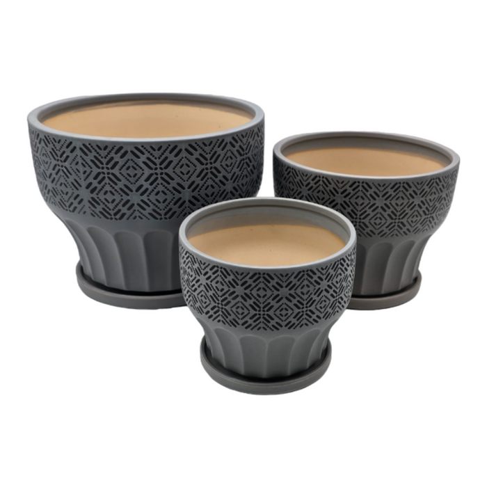 Set 3 Maceteros Maceta De Ceramica Gris Patrones Negro Alto