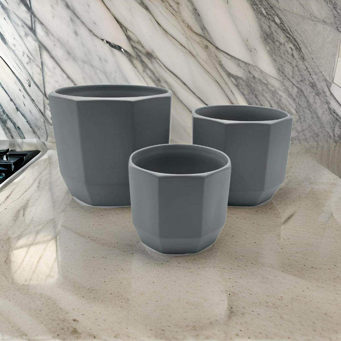 Set 3 Maceteros Maceta De Ceramica Gris Lineas Verticales - Fliperex