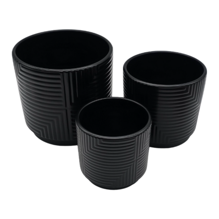 Set 3 Maceteros Maceta De Ceramica Negro Con Lineas Cuadrada