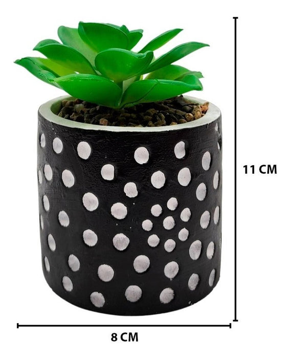 Planta Artificial Macetero Cerámica Negro Con Puntos Blancos