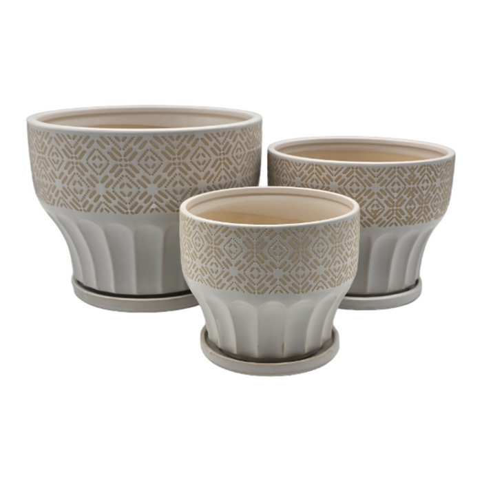 Set 3 Macetero Maceta De Ceramica Blanco Patrones Beige Alto