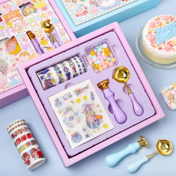 Kit De Sellos Cera Lacre Washitape y Stickers Diseño Kawaii